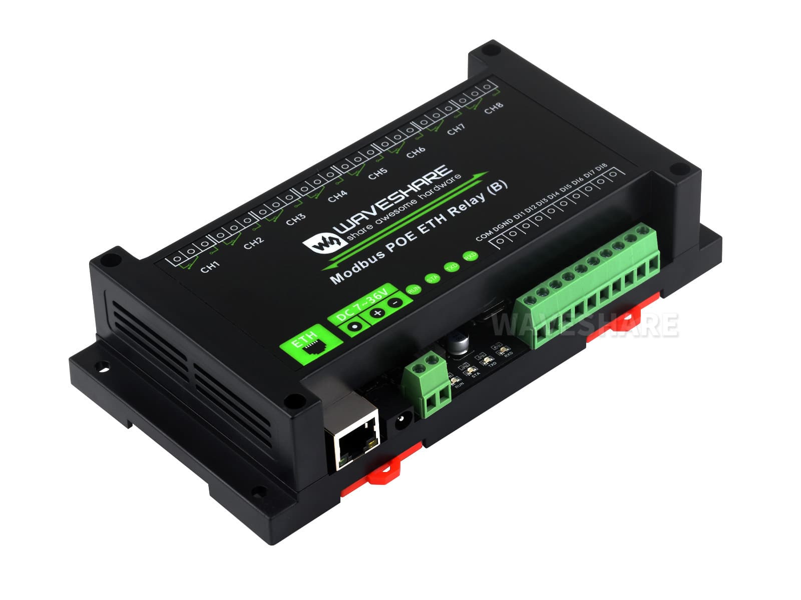 8-канальный релейный модуль Ethernet (B) с цифровым входом, протоколом Modbus RTU/Modbus TCP, связью через порт PoE, с различными схемами изоляции и защиты — фото 2