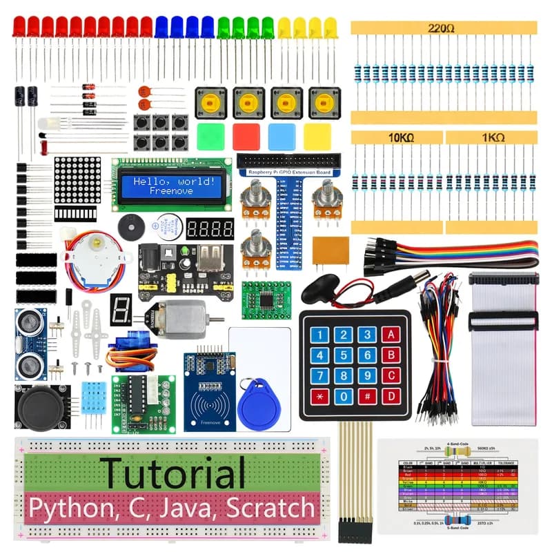 Стартовый комплект Freenove RFID для Raspberry Pi 5 4 B 3 B+ 400 Zero 2 W, подробное руководство на 927 страниц, код обработки царапин Java на Python C, 204 элемента, 122 проекта