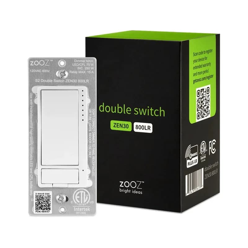 Zooz 800 Series Z-Wave Двойной переключатель дальнего действия ZEN30 800LR (белый) для комбинированного освещения и вентилятора