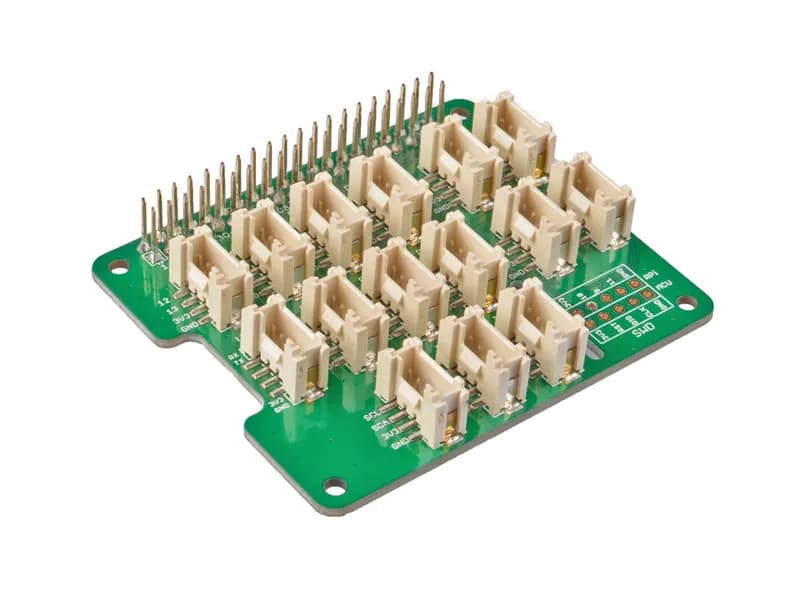Базовая шляпа Grove для Raspberry Pi — 24-контактный разъем GPIO, интерфейс Grove для 3 × I2C, 1 × UART, 6 × цифровых, 4 × аналоговых, интерфейс отладки SWD, 1 порт ШИМ